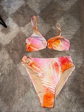 Tropical Palm-Print Bikini Set in Pink & Orange